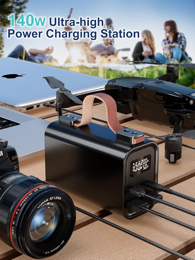 140W Laptop Portable Charger Power Bank 50000mAh(185Wh), Power Station PD 3.1 QC4.0 Fast Charging External Battery Pack Aluminium Alloy with 4 Outputs USB-C LED Light for Outdoor Emergency-Black