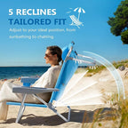 5-Position Aluminum Lay Flat Backpack Beach Chair, Compact Portable Low Beach Chairs for Adults with Cooler Pouch, Storage Pouch, Towel Bar, Cup Holder & Phone Holder, Blue