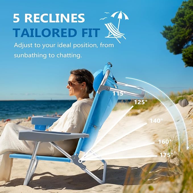 5-Position Aluminum Lay Flat Backpack Beach Chair, Compact Portable Low Beach Chairs for Adults with Cooler Pouch, Storage Pouch, Towel Bar, Cup Holder & Phone Holder, Blue