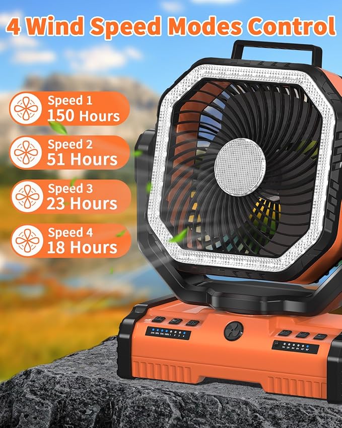 ADUST 12 Inch Camping Battery Operated Powered Fan with LED Lantern Light,44000mAh Rechargeable Portable Oscillating Fan with 360° Rotation Hanging Hook for Tents, Cordless USB Desk Fan(Orange)