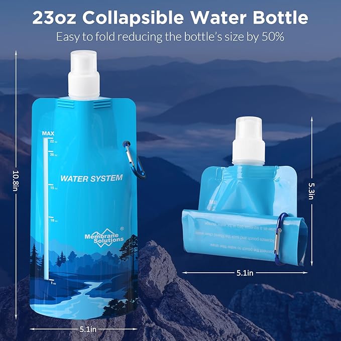Membrane Solutions Collapsible 23oz Water Bottle with Filter Straw, Reusable Pouch and Carabiner, Foldable Water Container for Hiking, Camping, Travel, Emergency