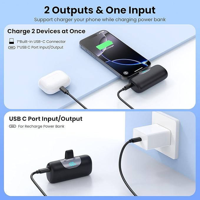[2 Packs]Mini Portable Charger for iPhone 17/16,5500mAh LCD Display USB C Power Bank,Fast Phone Charging Travel Pocket Size Battery Pack for iPhone 17/17 Pro Max/Air/16/15 Series,Android(Black+Silver)