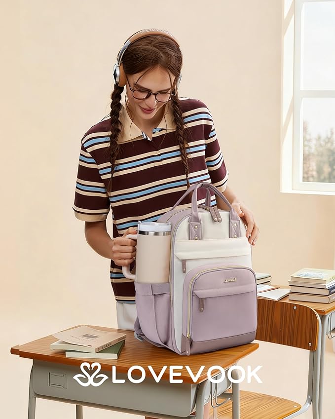 LOVEVOOK Laptop Backpack Women with Tumbler Holder,18.4 inch Work Travel Backpack Computer Laptop Bag,Cute College Nurse Teacher Backpack Purse,Gifts for Women & Men,Light purple-Beige-Pinkish purple