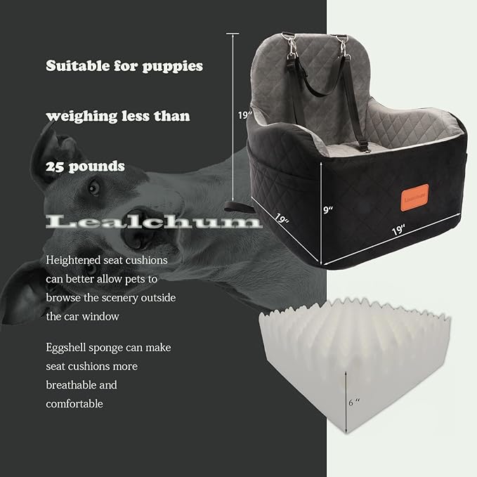 Lealchum Dog Booster Car Seat for S/M Dogs Up to 35lbs,Soft 6in Elevated Cushion,Fits in Front/Back Seat,Fully Detachable and Washable,2 Storage Pockets & 3 Straps,Easy to Install (Black/Brown,Medium)