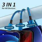 100W USB C Multi Charging Cable, Nylon 3 in 1 Fast Charging Cable with E-Mark Chip, Type C [100W]+IP[27W]+Micro[15W], Universal USB C Charger Cord with Type-C/Micro USB and IP Port (1Pack, 5FT)