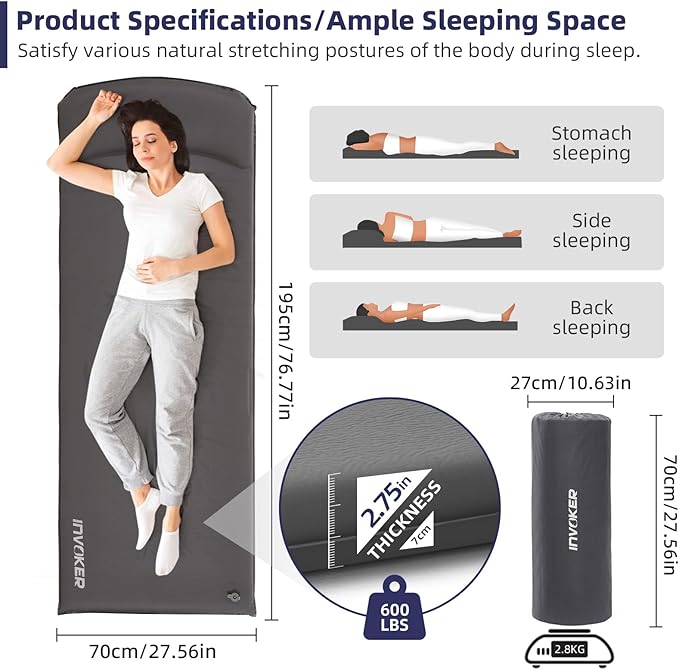 INVOKER Camping Sleeping Pad 2.75” Memory Foam Fast Self Inflating Insulated Durable Camping Mat Air Mattress with Pillow，for Tent, Traveling, Car, Camping, Grey