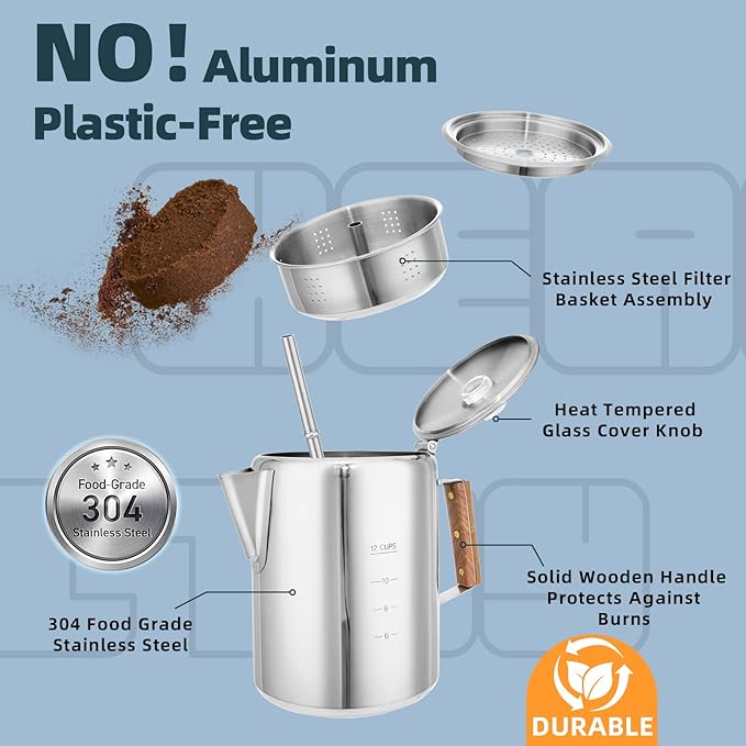 MEREZA Camping Percolator Coffee Pot 12 Cup Stove Top Coffee Percolator Non Electric Coffee Maker Camping Stainless Steel Coffee Pot Outdoors Home No Aluminum & Plastic Fast Brew