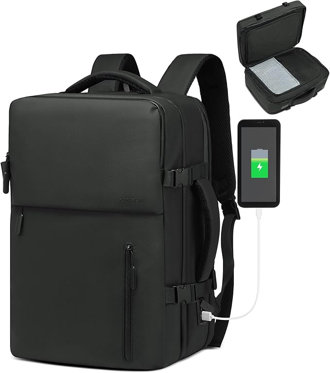 Lay Flat Carry on Travel Backpack, 30L Airline Approved, Fits 16" Laptop, USB-C & USB-A, Water Resistant, Black