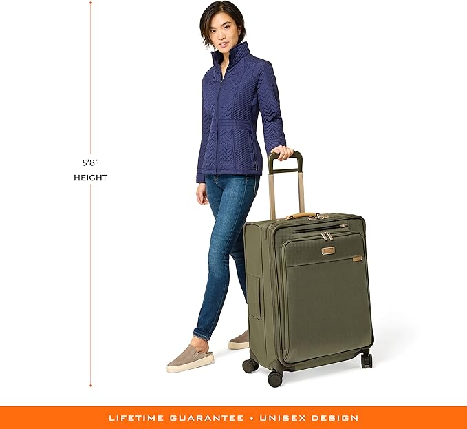 Briggs & Riley 26" Medium Expandable Spinner - Checked Luggage for Travel, Suitcases with Wheels, Softside Rolling Bag for Men & Women, Self-Repairing Zipper - Baseline Collection, Olive