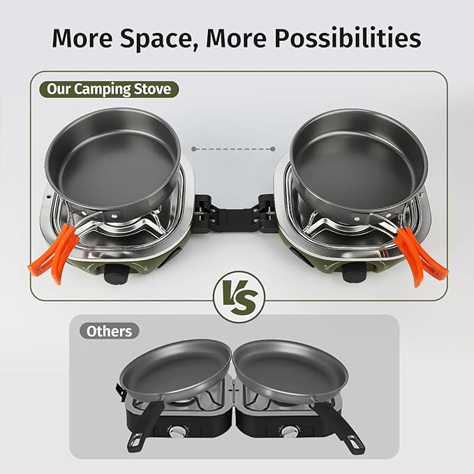 Propane Camping Stove 20,000 BTU - Portable 2 Burner Gas Stove with Adjustable Flame Control, Piezo Ignition, Carry Bag & Propane Adapter Hose, Folding Design for Camp, BBQ, Tailgating, Green