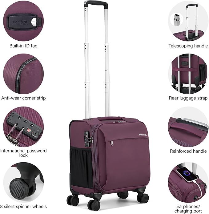 Hanke 16 Inch Underseat Carry On Luggage with Wheels Small Suitcase Softside Luggage Bags for Travel Lightweight Suitcases with Wheels Travel Luggage Personal Item for Men and Women.(Purple)