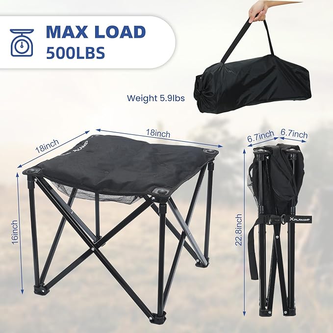 Padded Camping Stool, 18 Inch Oversized Camping Foot Rest, 500lb Camping Chairs Outdoor Footstool Portable Camping Ottoman for Camping Gardening Fishing w/Storage Net Carry Bag (2, Black)