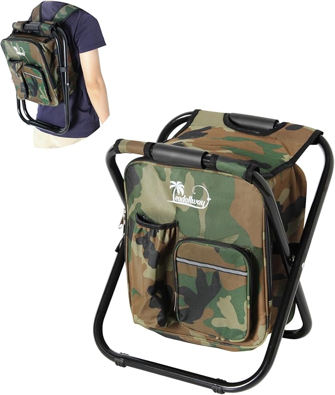 LEADALLWAY Backpack Fishing Chair with Cooler Bag Foldable Stool,Fishing Hunting Gifts for Men,Outdoor,Camping,Paints,BBQ,Beach,Picnic,Hiking,Concert, Camouflage