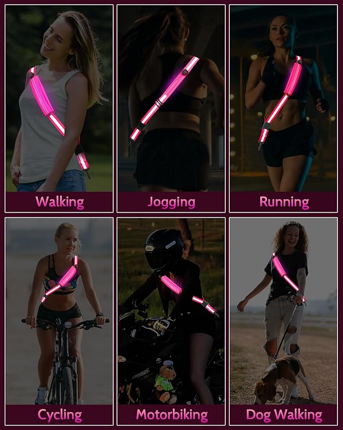 LED Reflective Belt Sash - 5 Lights Colors & 3 Light Modes High Visibility Night Safety Belt, Rechargeable Light Up Running Gear Adjustable Vest Straps for Runners Walkers Men Women