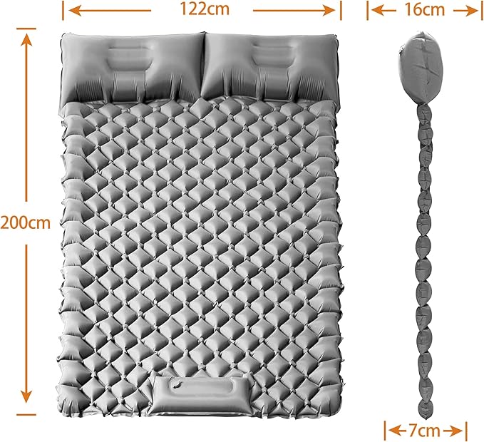 ONTYZZ Double Ultralight Inflatable Sleeping Mat 2 Person Camping Sleeping Pad Waterproof Sleeping Pad Built-in Foot Pump for Camping, Grey