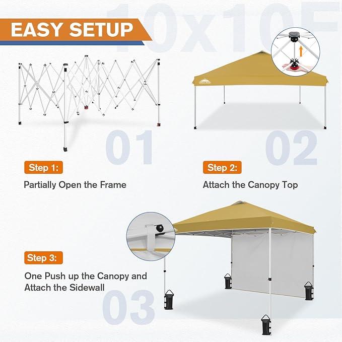 EAGLE PEAK Pop Up Canopy Tent with 1 Sidewall, Easy Setup Event Tent, Outdoor Sun Shade, Wheeled Carry Bag, Stakes and Guy Ropes, Instant Canopy 10x10, Beige