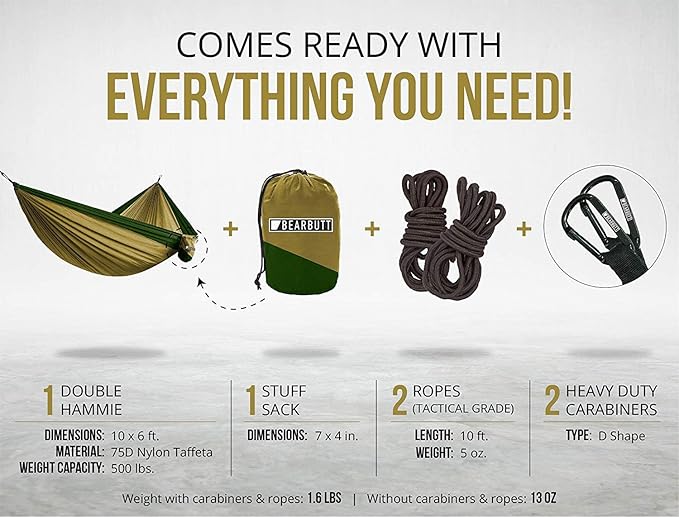 Bear Butt 2 Person Portable Hammock - Backpacking to Camping - Double Hammock for Travel & Outdoor