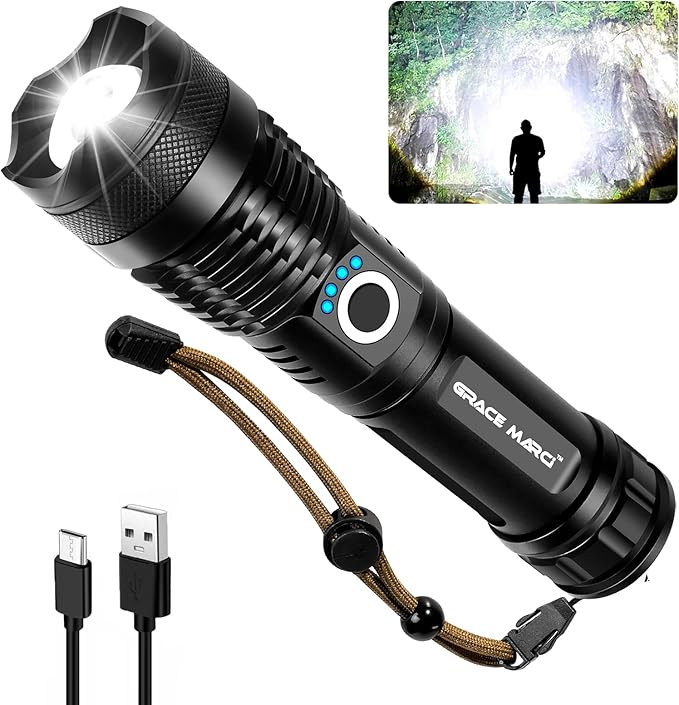 Rechargeable Flashlight High Lumen, Camping Essential Tactical Flash Light with 5 Modes, Adjustable Focus, LED Super Bright 150,000 Lumens Powerful Flashlight Rechargeable for Home & Emergencies