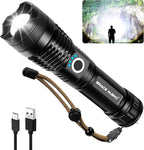 Rechargeable Flashlight High Lumen, Camping Essential Tactical Flash Light with 5 Modes, Adjustable Focus, LED Super Bright 150,000 Lumens Powerful Flashlight Rechargeable for Home & Emergencies