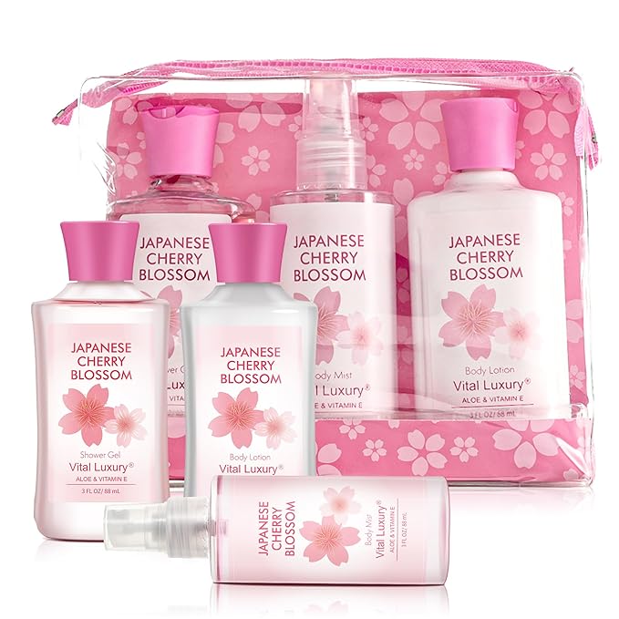 Bath and Body Gift Set, Japanese Cherry Blossom, 3-Piece Travel Size Collection, Shower Gel, Body Lotion, Body Mist, 3 Fl Oz Each, Natural Extracts, Ideal for Birthday, Mother's Day & Christmas Gifts