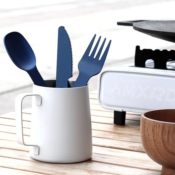 Magnetic Camping Utensils Set, Portable & Reusable Metal Travel Flatware, Camping Cutlery Set, Knife, Fork & Spoon, 3-PACK, Blue