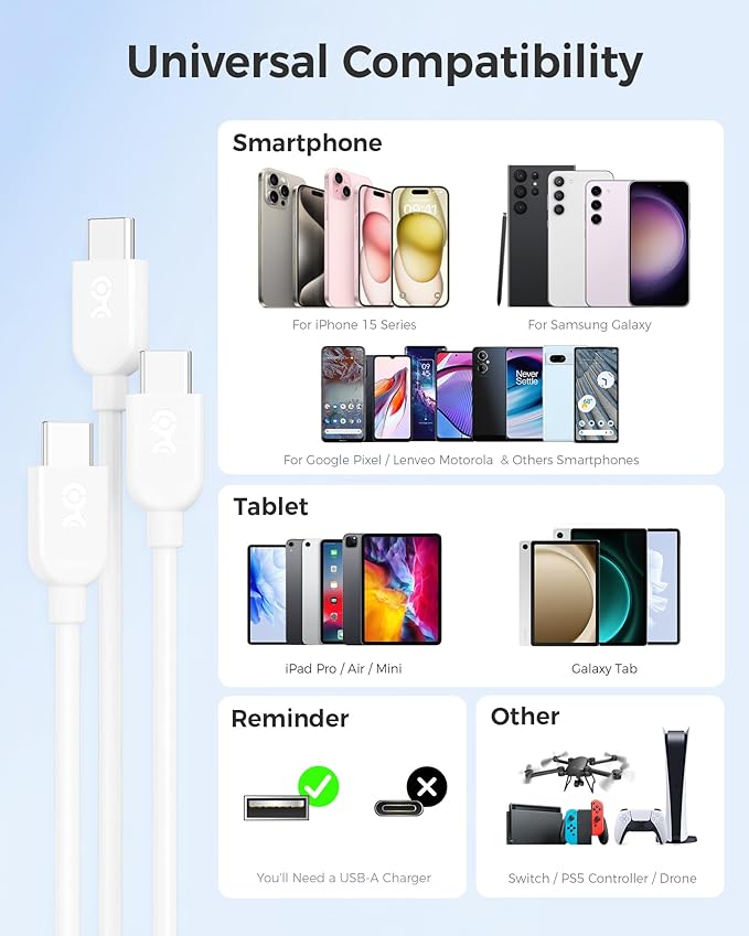 Cable Matters 3-Pack USB A to USB C Cable 6ft in White, Support Apple CarPlay, Android Auto, USBA to USBC Charging Cable for iPhone 16/15 Pro Max Plus, Galaxy S23