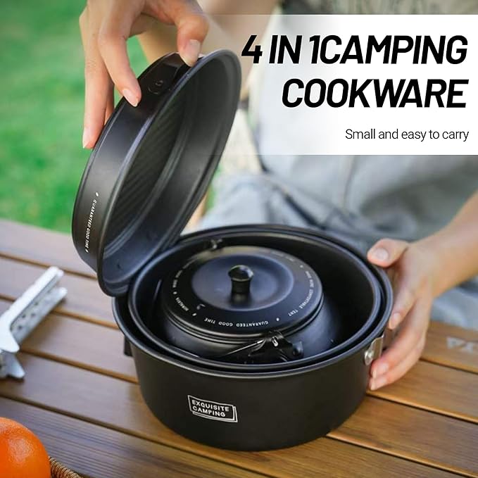 Himalaya 4 Pcs Portable Camping Cookware Mess Kit with Lightweight Pots Pans Kettle Carry Mesh Bag Cleaning Sponge for Kitchen Stove Outdoor Backpacking Hiking Family Picnic Outdoor