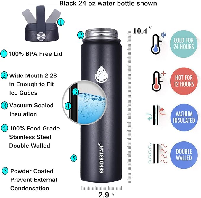 SENDESTAR Insulated Water Bottle 24 OZ, Wide Mouth 24 oz Water Bottle with Straw Lid, Spout Lid, Double Wall Vacuum Stainless Steel Leak Proof, Keeps Liquids Hot or Cold (Black)