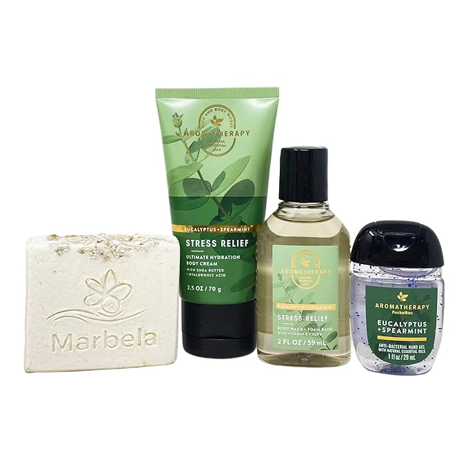 Bath & Body Works Aromatherapy Stress Relief EUCALYPTUS + SPEARMINT You Deserve This Travel Gift Bag Set - Body Cream - Body Wash + Foam Bath - Hand Gel - with a Natural Oats Bar Soap - Travel Size