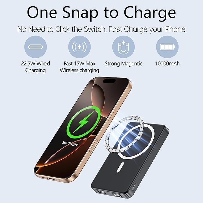 YUJE for Magsafe Battery Pack Magnetic Power Bank 10000mAh, Wireless Portable Charger with Foldable Stand Dual USB-C & USB-A Port Fast Charging Compatible with iPhone 17/16/15/14/13/12 Pro/Max/Plus