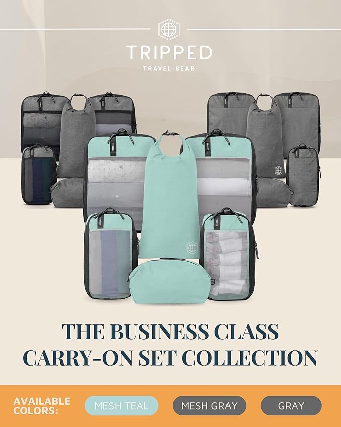 Premium Compression Packing Cubes for Travel, Compression Packaging Cube, Zip Bags Premium 6-Piece Set with laundry bag and shoe bag by TRIPPED Travel Gear (Dusty Teal Mesh)
