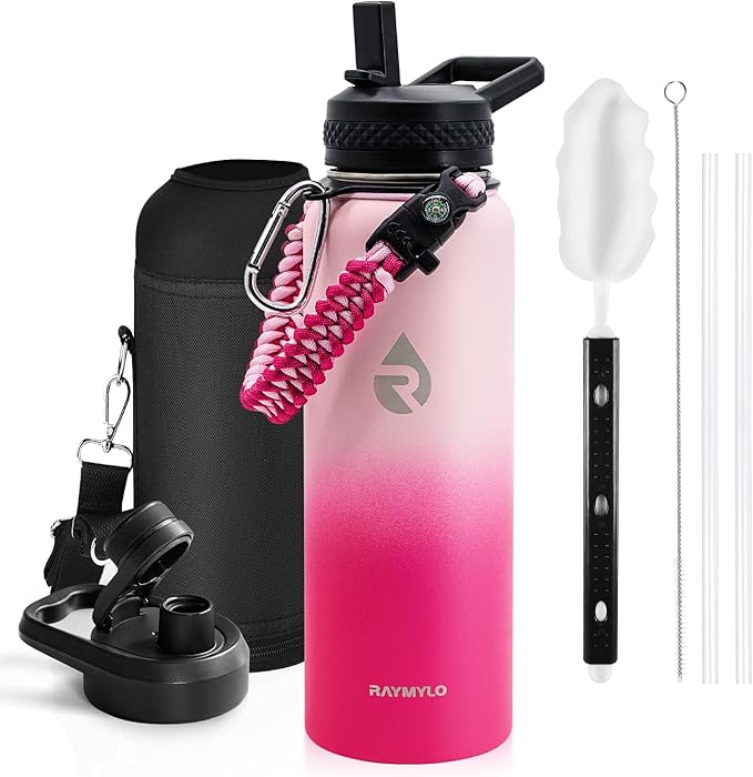 Insulated Water Bottle 40 oz, Triple Wall Vacuum Stainless Steel (Cold for 48 Hrs), Leak Proof & Non-BPA, Modern Water Flask Jug with Paracord Handle & Straw Spout Lids, Ombre Pink