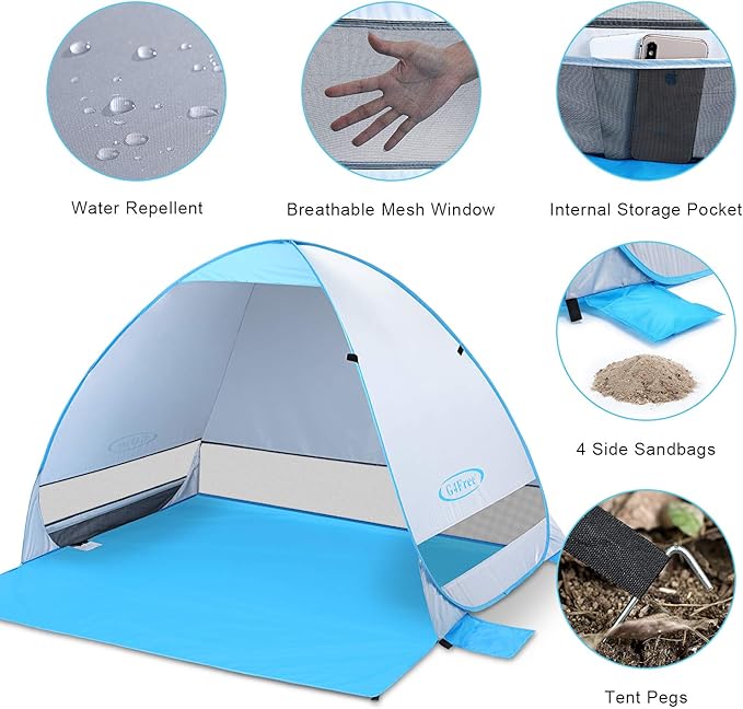 G4Free Large Pop up Beach Tent for 3-4 Person, UPF 50+ Automatic Sun Shelter Canopy Portable Outdoor Cabana Sun Umbrella