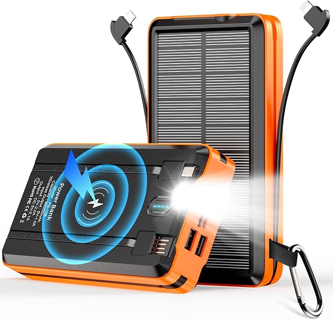 Solar Power Bank Portable Charger 52800mAh 5V/3A Fast Charging Battery Pack with Built in 4 Cables 2 Outputs & LED Flashlight for All Mobile Devices Camping Traver Outdoor