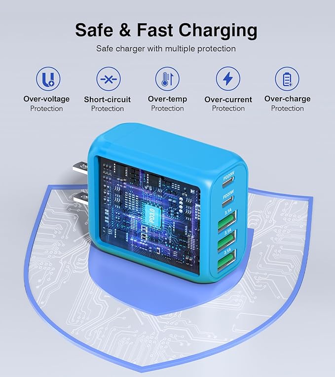 2-Pack USB C Wall Charger Block,50W 5-Port C Charger Fast Charging Block PD Power Adapter +QC 3.0 Multiport Type C Box Charger Cube USB A Wall Plug for iPhone 16/15/14/13 Pro Max,Samsung Galaxy(Blue)