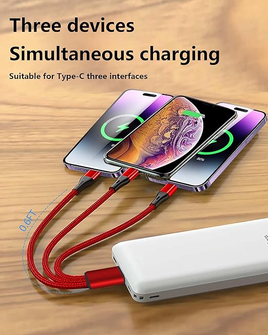 Multi USB C Cable 0.6FT 2Pack, 3 in 1 Multiple Type C Charging,3A Splitter USB-C Charging, Red Nylon Cord,USB C to 3 USB C Port, Compatible with iPhone 15,iPad Pro,Samsung S23,Google,Android,Kindle
