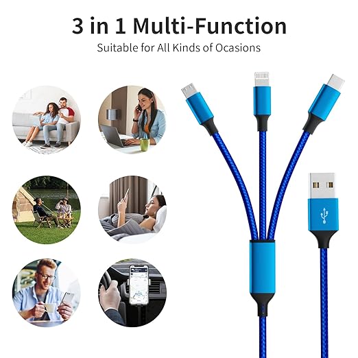 Multi Charging Cable(2Pack 4FT), Nylon Braided 3 in 1 Universal Phone Charger Fast Charging with Type-C/Micro USB and IP Port, Compatible with Most Cell Phones（Blue）