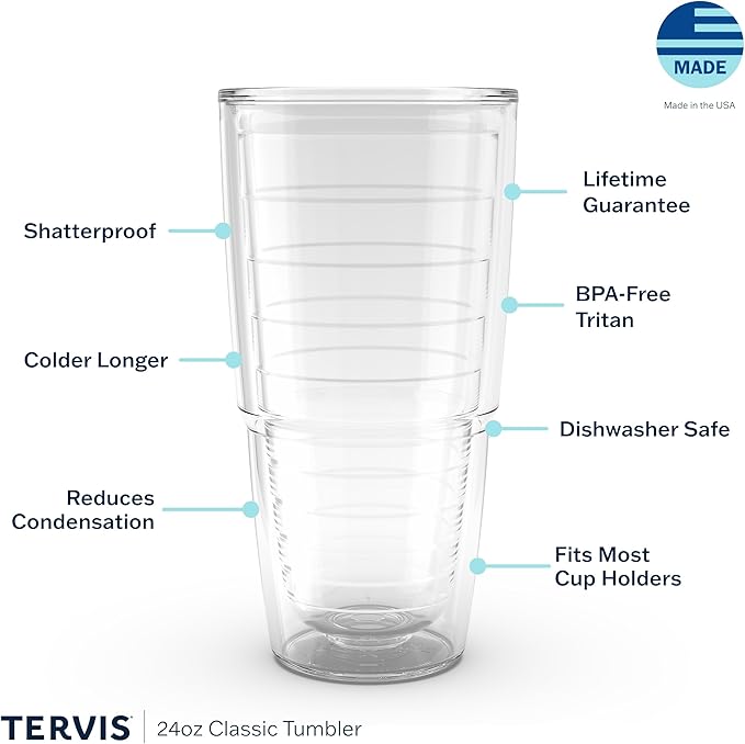 Tervis Clear & Colorful Tabletop Made in USA Double Walled Insulated Tumbler Travel Cup Keeps Drinks Cold & Hot, 24oz - 2pk, Clear