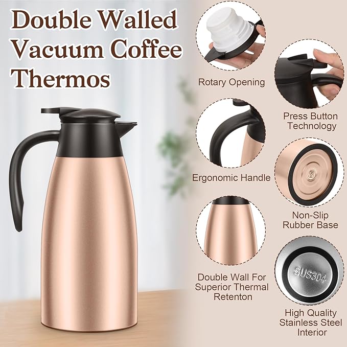 2 PCS 68 OZ Thermal Coffee Carafe, Insulated Stainless Steel Coffee Carafe Double Walled Vacuum Thermal Pot Flask with Brushes Thermos for Keeping Hot Coffee Tea Home and Office (Gold)