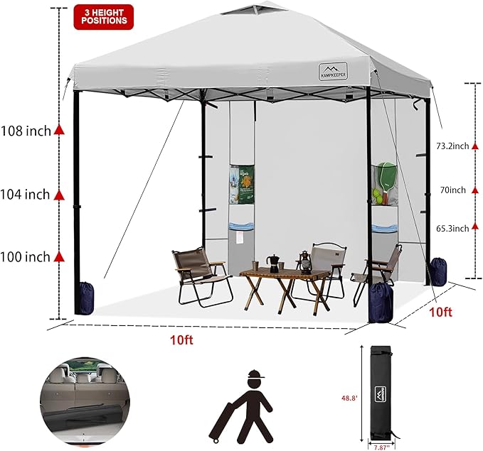 KAMPKEEPER 10x10 Pop Up Canopy Tent with Sidewall - Easy Setup Sun Shelter, Outdoor Shade with Vented Roof for Backyard | UV & Rain Portable Instant Camping Beach Canopy Tents (White)