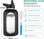 CIVAGO 64 oz Glass Water Bottle Jug with Straw and Handle, Half Gallon Sports Motivational Bottle with Time Marker and 2 Lids, Flask Canteen with Silicone Sleeve for Gym, Sage