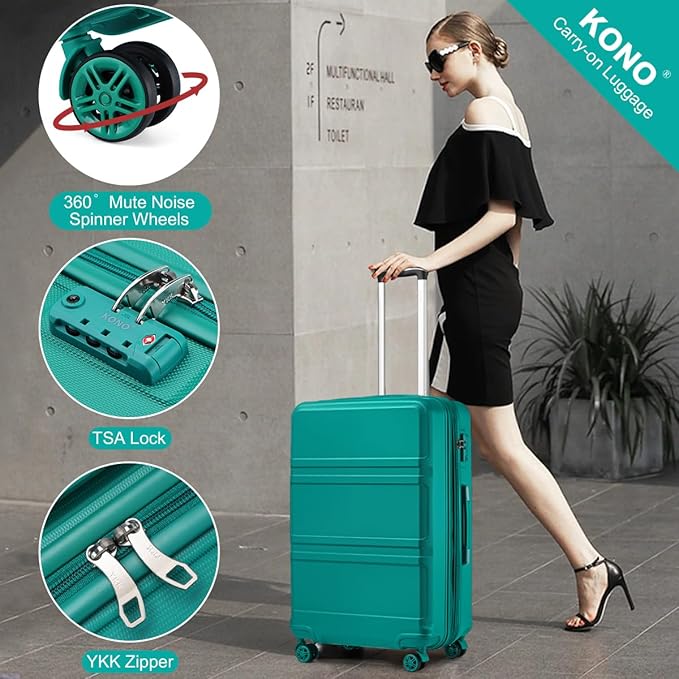 Kono 24 Inch Luggage Suitcase Lightweight with Spinner Wheels TSA Lock Hardside Medium Checked Luggage Durable Rolling Suitcase Turquoise