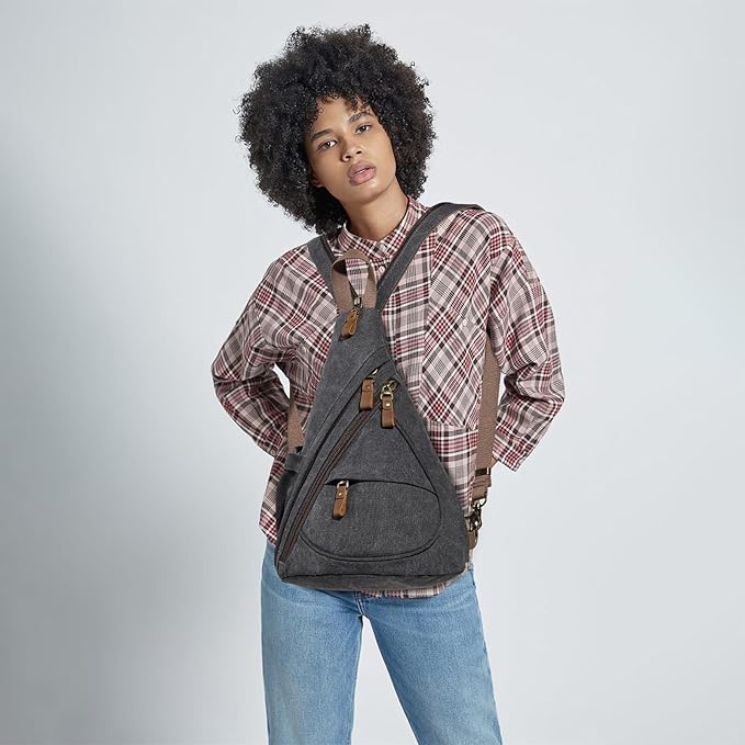 KL928 Canvas Sling Bag - Small Crossbody Backpack Shoulder Casual Daypack Rucksack for Men Women(Large Version)