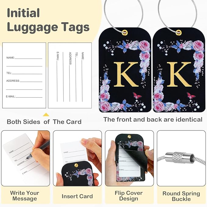 3 Pack Luxury Floral Luggage Tags, Durable PU Leather Suitcase Tags with Stainless Steel Cable Strap, Hidden ID Slot for Privacy Protection, Easy to Identify Waterproof Travel Accessories Gift (K)