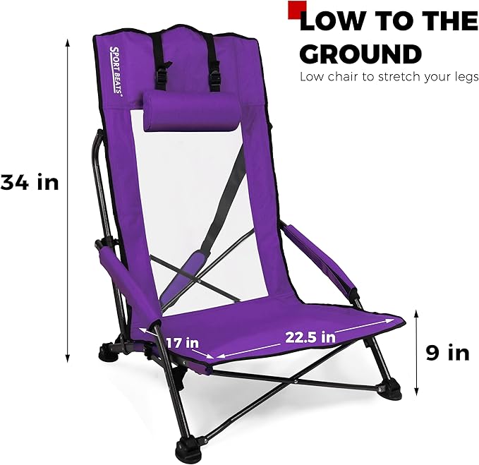 SPORT BEATS Low Beach Chairs Set of 2 Folding Beach Chairs High Back Support with Head Pillows Shoulder Straps
