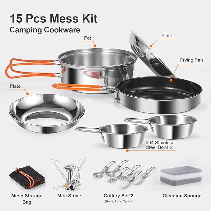 Odoland 10pcs Stainless Steel Camping Cookware Camping Pot and Pan Set with Portable Camping Stove Camping Mess Kit with Plates Bowls Forks Knives Spoons for Hiking Backpacking and Picnic