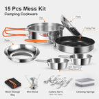 Odoland 10pcs Stainless Steel Camping Cookware Camping Pot and Pan Set with Portable Camping Stove Camping Mess Kit with Plates Bowls Forks Knives Spoons for Hiking Backpacking and Picnic