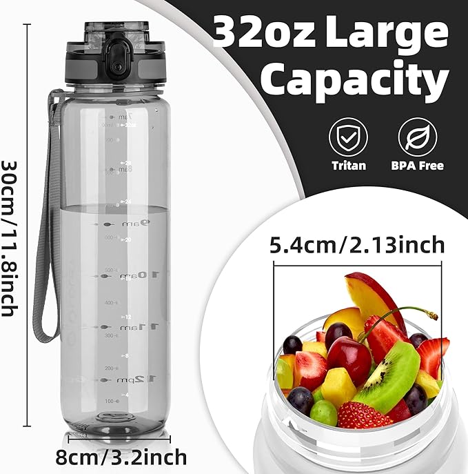 OLDLEY 32 oz Water Bottle, Motivational Water Bottle with Time Marker, Sports Water Bottle With Strap, Leakproof & BPA Free Large Water Bottles for School, Gym,Outdoor, Tritan, Transparent-Gray