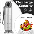 OLDLEY 32 oz Water Bottle, Motivational Water Bottle with Time Marker, Sports Water Bottle With Strap, Leakproof & BPA Free Large Water Bottles for School, Gym,Outdoor, Tritan, Transparent-Gray