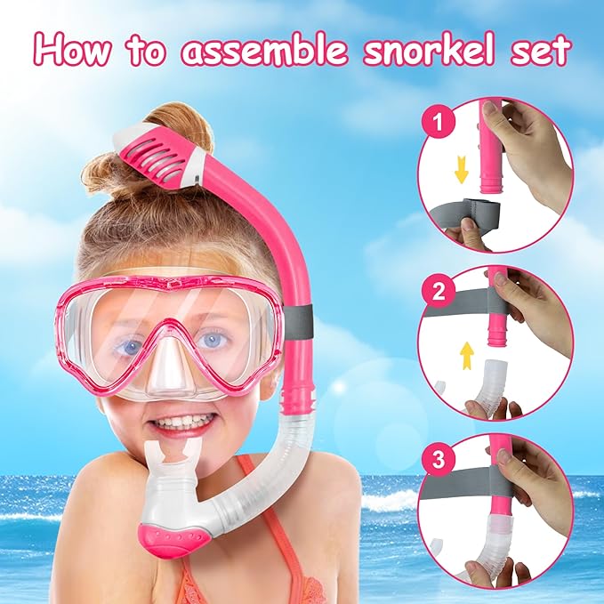 Vvinca Snorkeling Gear for Kids Dry Top Kids Snorkel Set for Boys Girls Junior Youth Children Age 4-14 Swim Goggles with Nose Cover Anti-Fog Panoramic View Adjustable Elastic Diving Mask and Snorkel